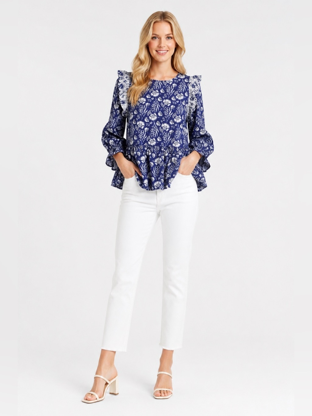 Blue White Floral Ruffle Blouse with White Ruffle XXL
